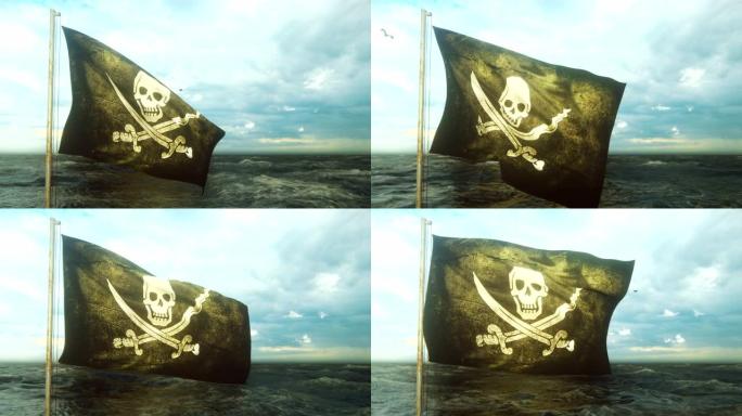 海盗旗与乔利·罗杰。海盗旗在风中，多云的天空在暴风雨前的大海背景上。循环动画。