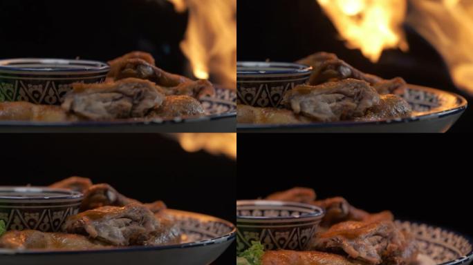 全烤鸡肉配火焰