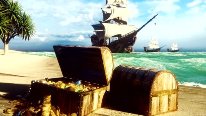 海盗护卫舰停靠在热带岛屿附近。海盗岛和宝箱。沙，海，天，云，棕榈树和晴朗的日子。美丽的循环动画。