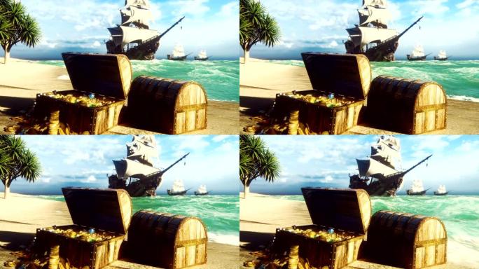 海盗护卫舰停靠在热带岛屿附近。海盗岛和宝箱。沙，海，天，云，棕榈树和晴朗的日子。美丽的循环动画。