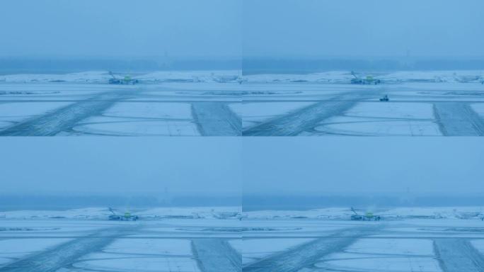 飞机在白雪皑皑的机场结冰