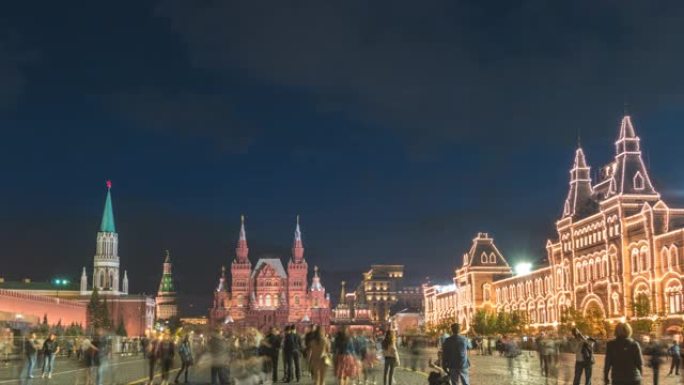莫斯科俄罗斯时间流逝4K，城市天际线夜晚在红场与国家历史博物馆和Nikolskaya塔的时间流逝