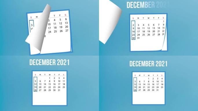 4k分辨率蓝色背景下的2021 12月日历翻页动画