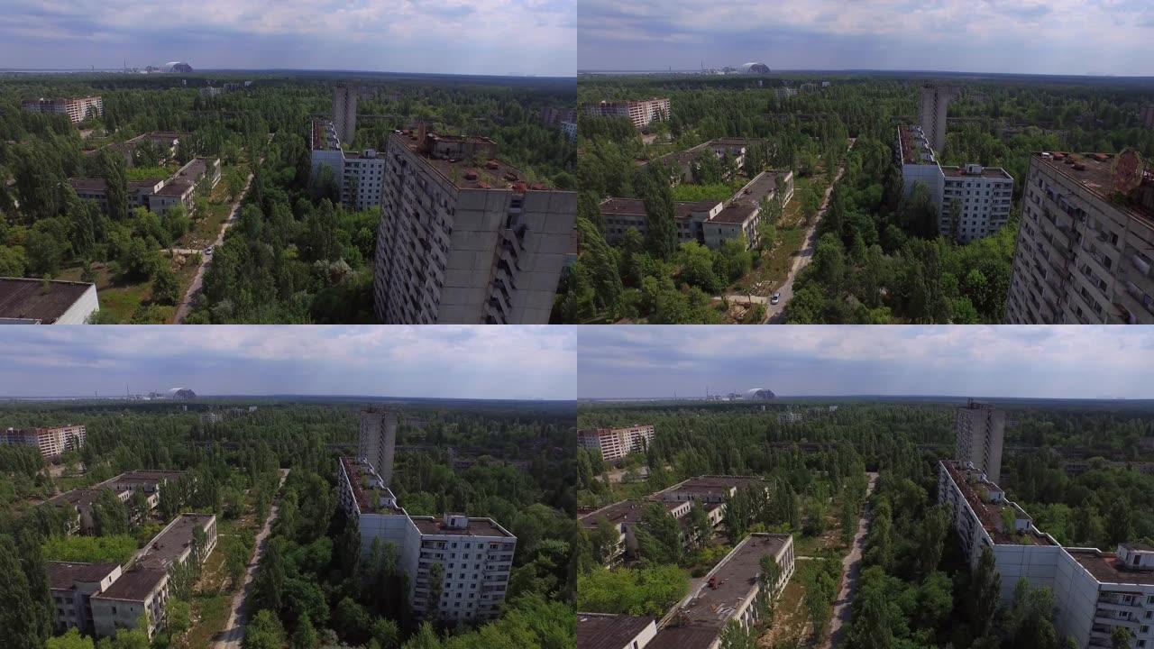 乌克兰切尔诺贝利附近废弃城市普里皮亚季的航拍画面。4K