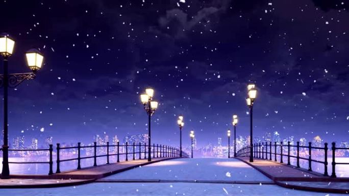 在下雪的冬夜，路灯照亮了桥