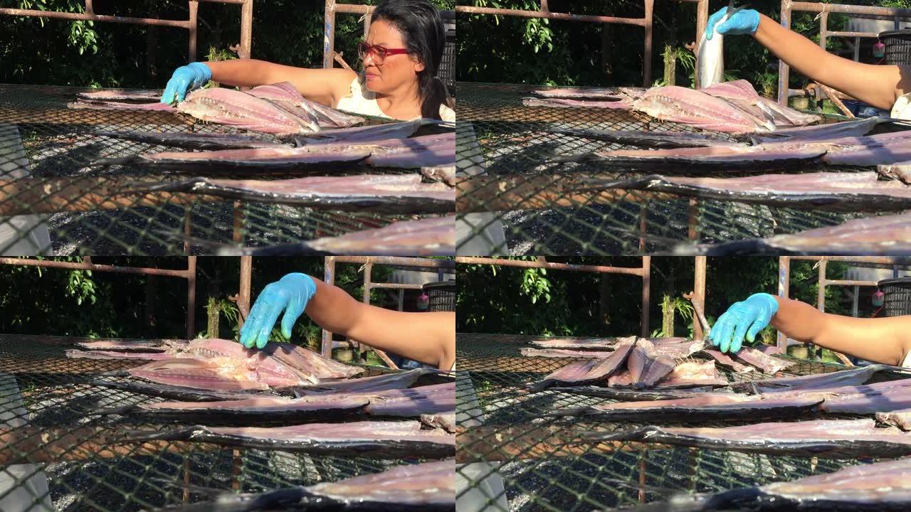女人将新鲜的鱼放在塑料网上，用阳光加热干燥