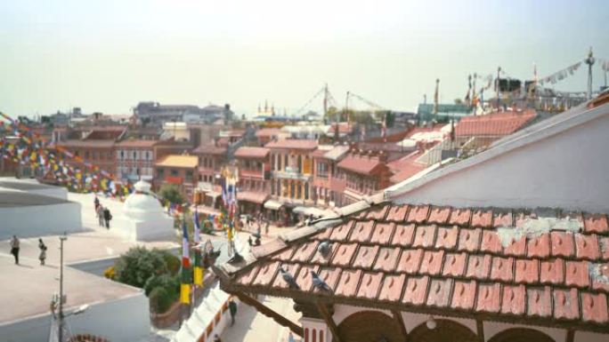 在尼泊尔加德满都的Boudhanath佛塔广场上飞来飞去的屋顶瓦片上，鸽子蜂拥而至的4k镜头。