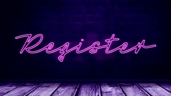 紫色砖块背景上粉红色霓虹灯风格文字寄存器闪烁的动画