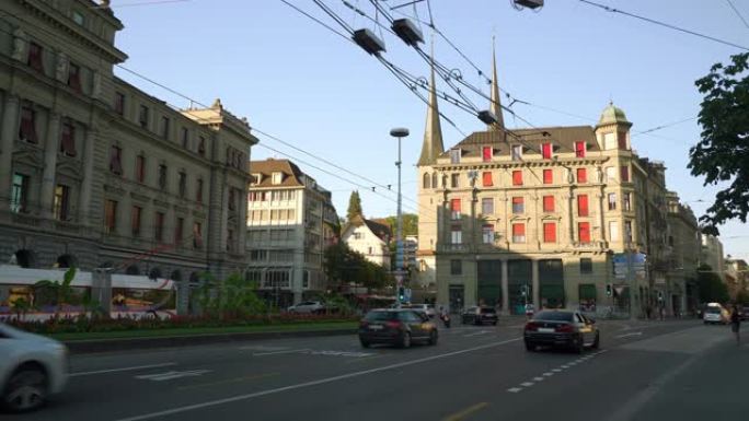 阳光明媚的夜晚卢塞恩市中心交通湾街慢动作全景4k瑞士