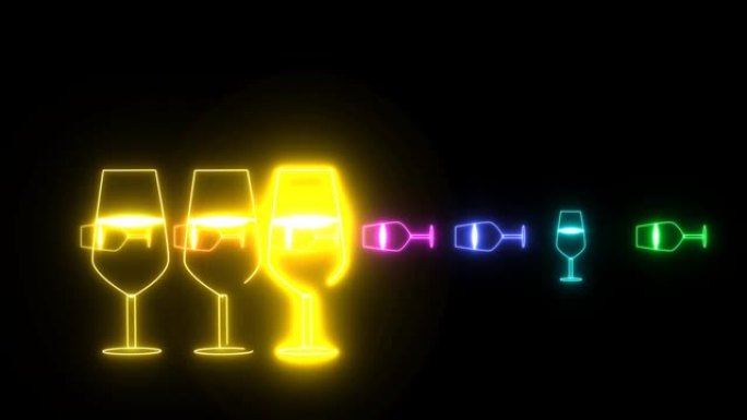 彩虹七彩发光香槟玻璃舞动光霓虹灯标志元素和欢迎文字反射黑屏