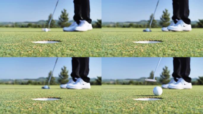 高尔夫球手把球推洞在绿色高尔夫球场，天空的场景背景。