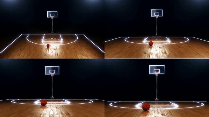 篮球场，篮球板和球在地板上