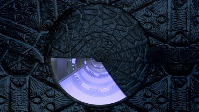 石门户打开了飞船景观的全景。带有霓虹灯的科幻走廊的3d抽象背景。未来技术VJ为技术标题和背景。
