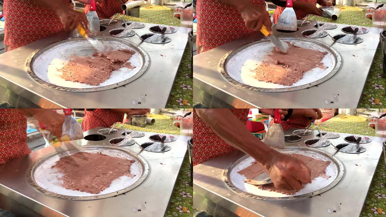 制作传统泰国卷炒冰淇淋的特写镜头