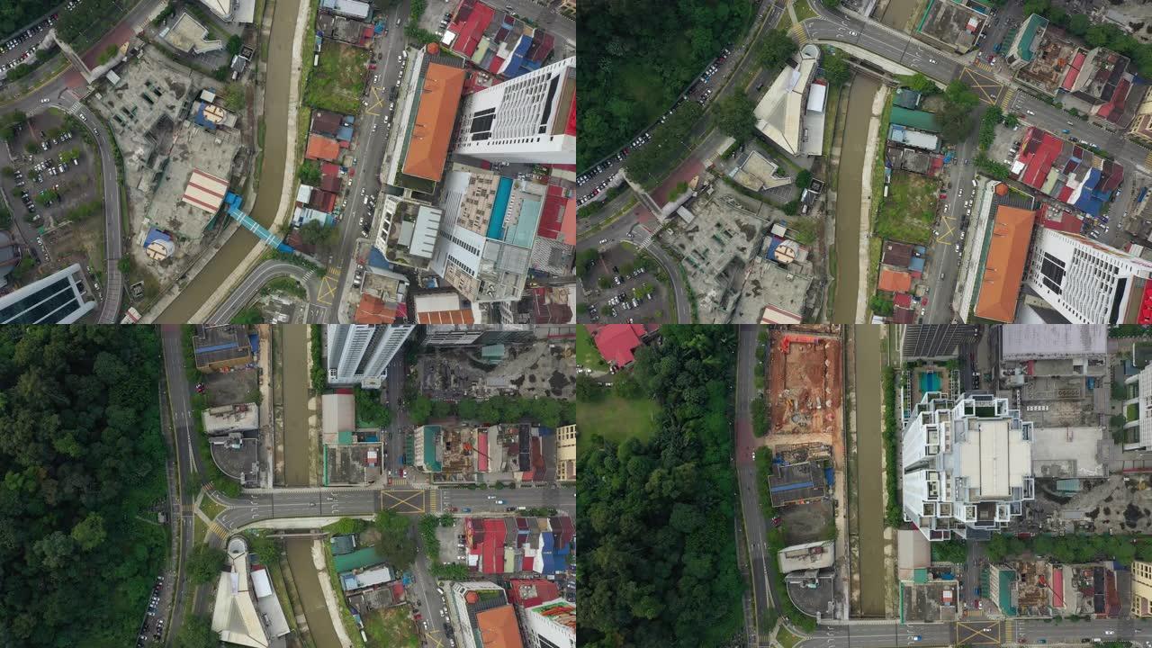 吉隆坡河滨交通街道空中俯拍全景4k马来西亚日间飞行