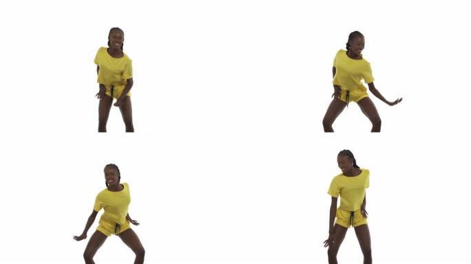 非裔美国妇女以非洲风格跳舞。将膝盖推入和伸出，双手跑过腿，表演shaku舞蹈动作。孤立在白色背景上。