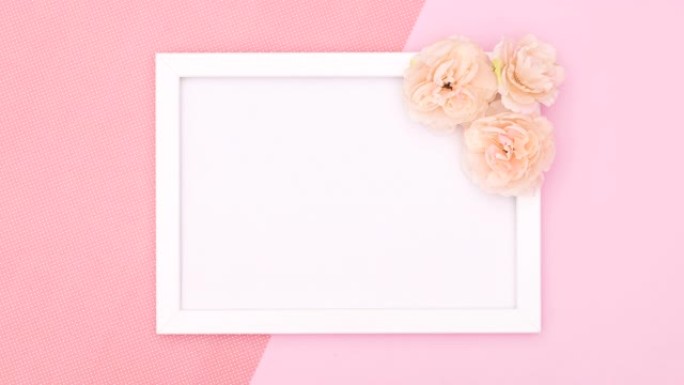 文本的白色框架从顶部出现，带有粉红色主题的花朵。停止运动