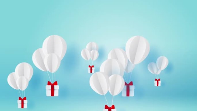 气球白色漂浮在天空上。送餐服务，带有蓝色背景的礼品盒。新年快乐，圣诞快乐。节日运输概念。创意剪纸和工