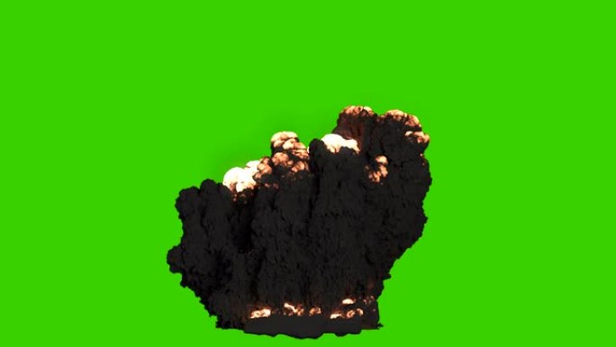可燃燃料与浓浓的黑烟的巨大爆炸。黑烟爆炸，炸药爆炸。绿屏前的VFX动画。