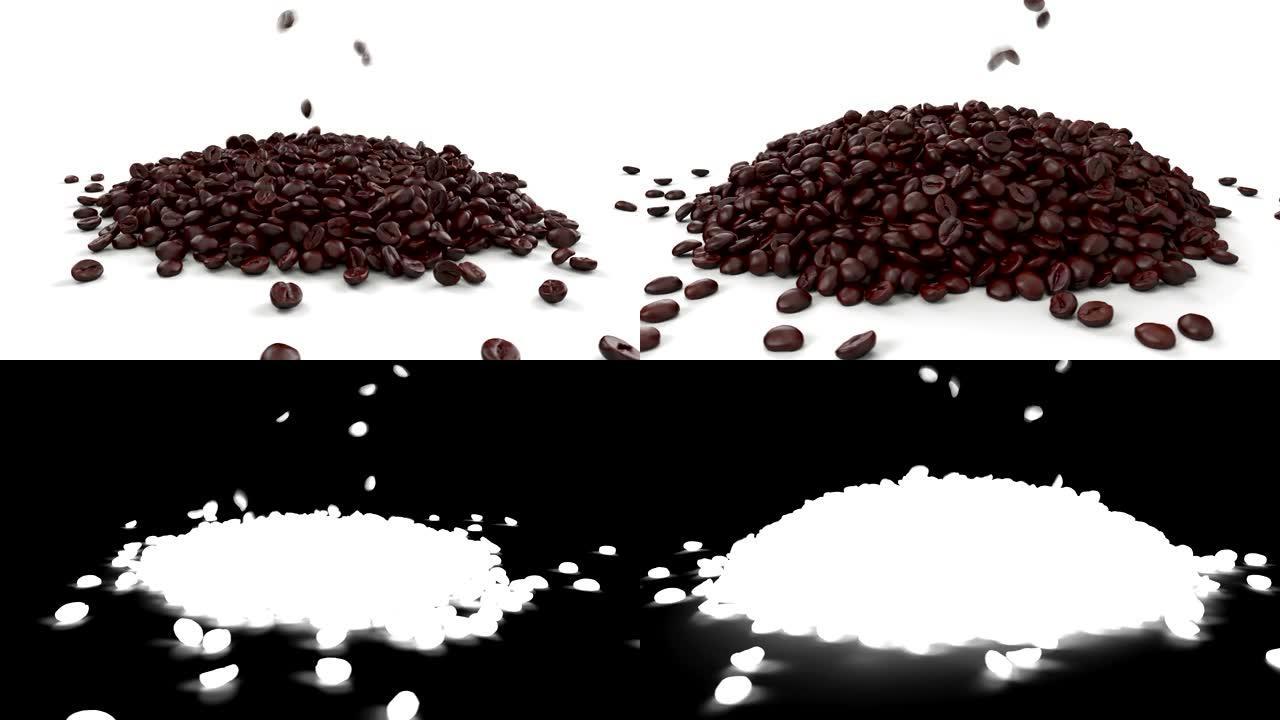 整个咖啡豆在白色背景上迅速掉落成一堆。过度。