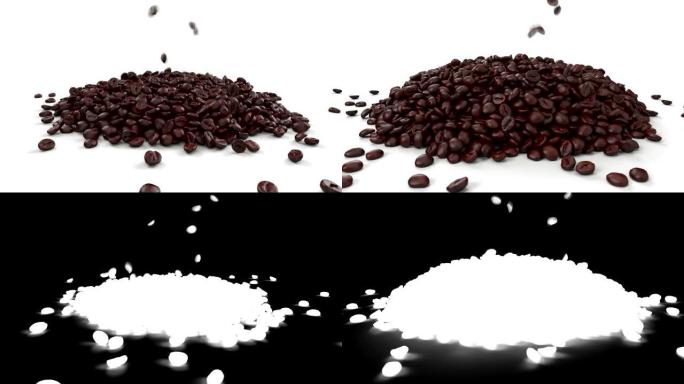 整个咖啡豆在白色背景上迅速掉落成一堆。过度。