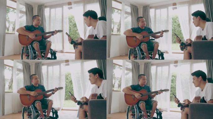 残疾人与朋友弹吉他的生活方式-股票视频