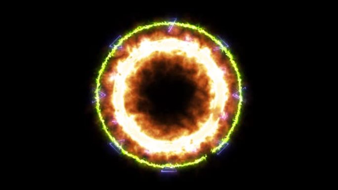 Absract魔法热橙色力量和绿色能量圆线辉光所有旋转通过三天使和六角星