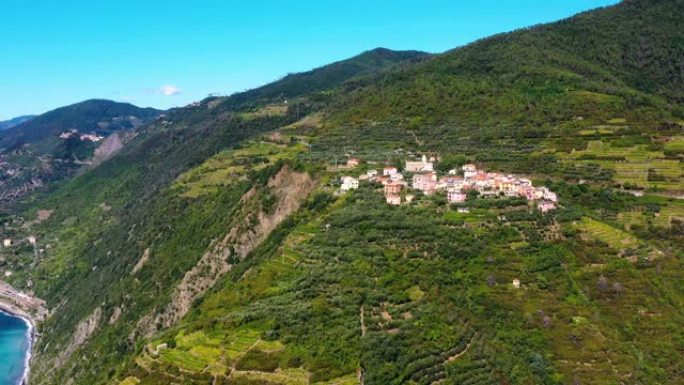 在拉斯佩齐亚省村庄里奥马焦雷村附近五渔村梯田上的葡萄园上进行了惊人的空中拍摄，鸟瞰图