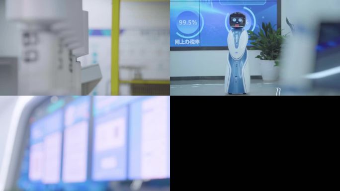 一个男人在工厂里在机器上工作 一个蓝白相间的机器人站在电视机前 机器特写