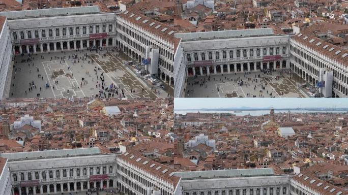从钟楼看到的圣马克斯广场上的人群，威尼斯屋顶的全景