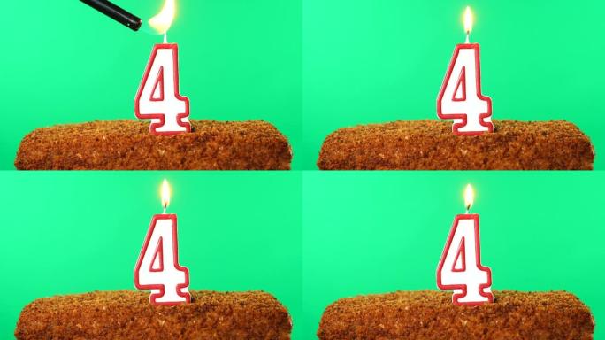 4号点燃蜡烛的蛋糕。色度键。绿屏。隔离