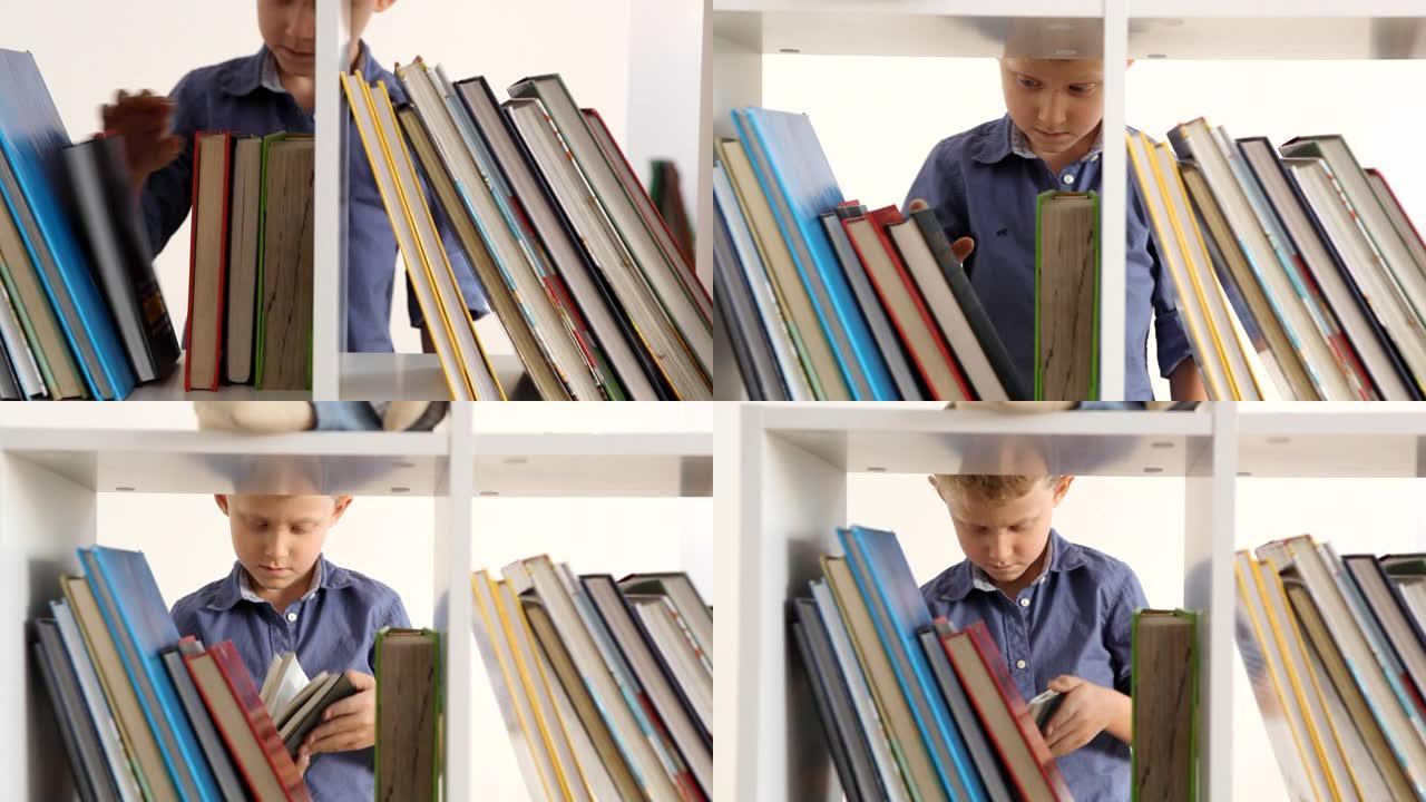 孩子从书架上挑选书，与家里的其他书一起阅读