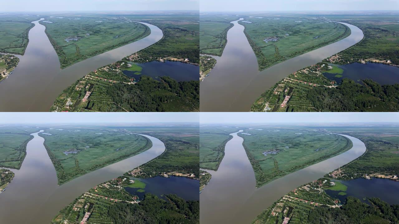 埃尔马科夫岛的鸟瞰图。向前移动，4k-60fps。多瑙河三角洲的多瑙河生物圈保护区。多瑙河三角洲，V