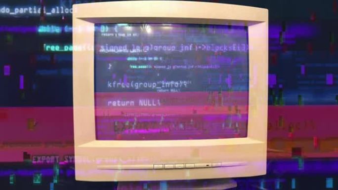 侵入老式老式电视或电脑显示器屏幕80年代90年代风格。屏幕监视器上的故障。抽象源代码数据流。紫色和蓝