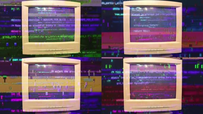 侵入老式老式电视或电脑显示器屏幕80年代90年代风格。屏幕监视器上的故障。抽象源代码数据流。紫色和蓝