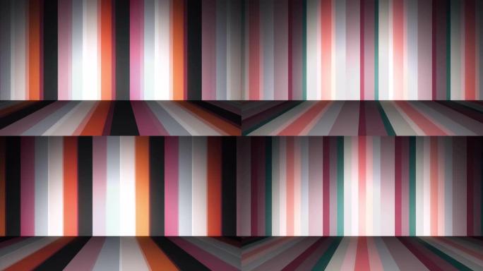 垂直彩色条纹折射并形成直角，无缝循环。动画。许多不同颜色的抽象平行宽线
