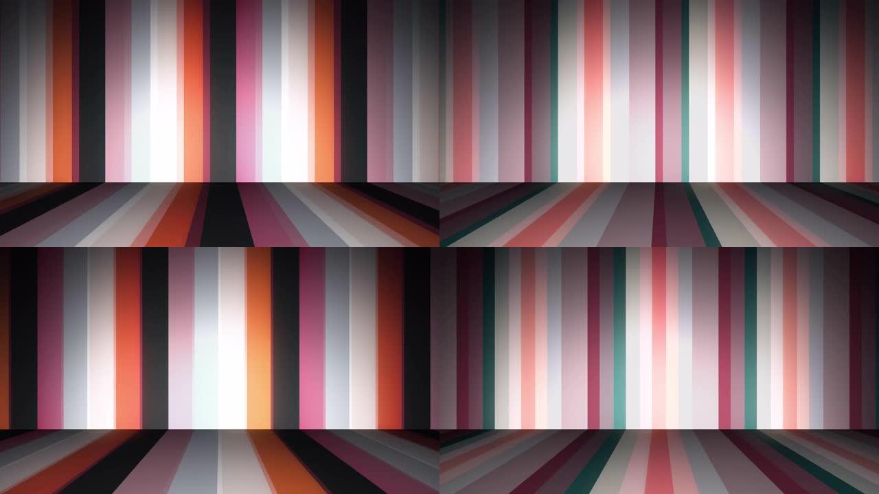 垂直彩色条纹折射并形成直角，无缝循环。动画。许多不同颜色的抽象平行宽线