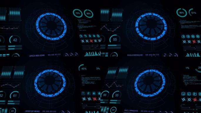 带有蓝色圆圈旋转和HUD图形报告百分比的仪表板数据报告的运动图形，未来概念