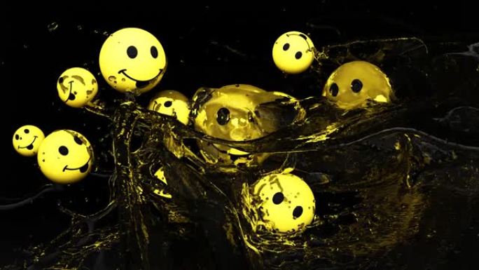 表情符号图标与面部表情微笑黄色脸球与水飞溅。社交媒体概念。黄色背景3d渲染