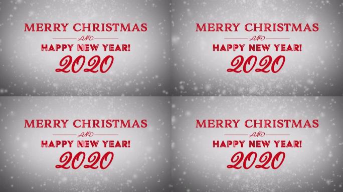 4k红色圣诞快乐新年快乐2020文字与雪银色背景