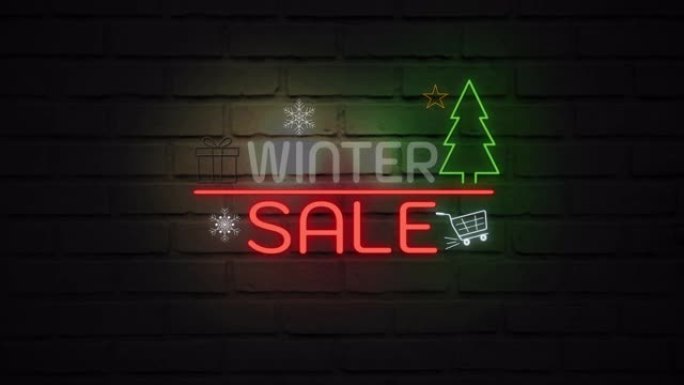 冬季销售墙上的霓虹灯。促销视频的销售横幅闪烁霓虹灯标志风格。销售和清仓的概念