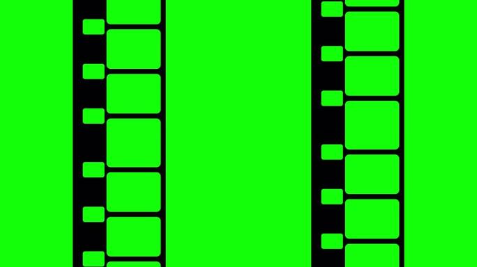 8毫米胶片条在绿色背景上移动。绿色屏幕上无缝循环的视频素材。抽象薄膜条设计模板。