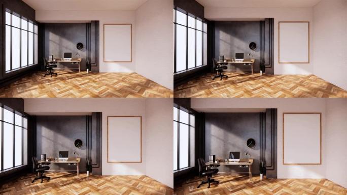 室内电脑和办公工具放在房间混凝土和白色砖墙设计的迷你桌子上。3D渲染