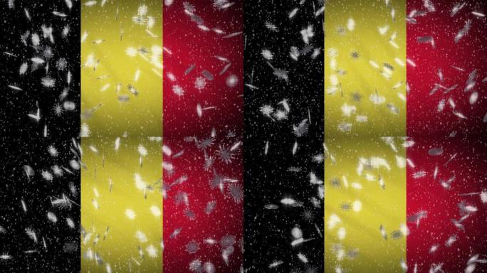 比利时国旗飘雪可环，新年和圣诞节背景，环