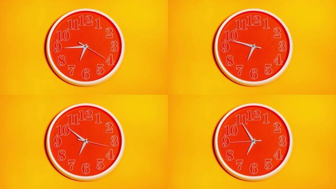 现代橙色钟面开始时间06.40在黄色背景上，时间流逝20分钟快速移动。