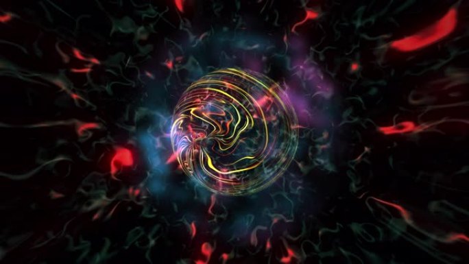 带有红色能量分形元素和等离子球的抽象彩色运动暗背景。原子科学技术，能量圆球球。4K 3D渲染抽象动画