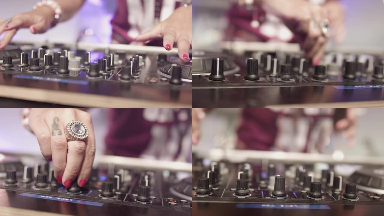 从左到右拍摄女性DJ的手在派对上调音调音台