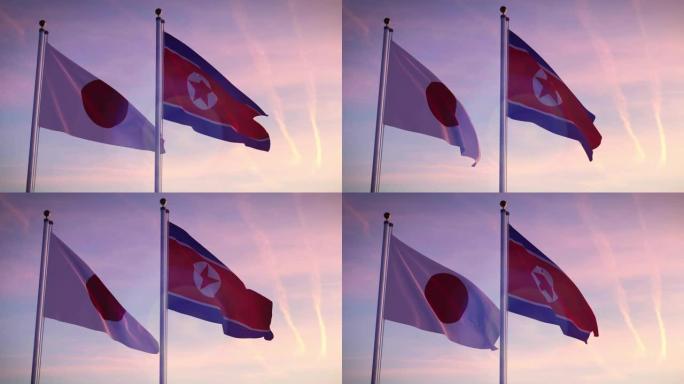 日本和朝鲜的国旗显示了政府的侵略和核分歧。