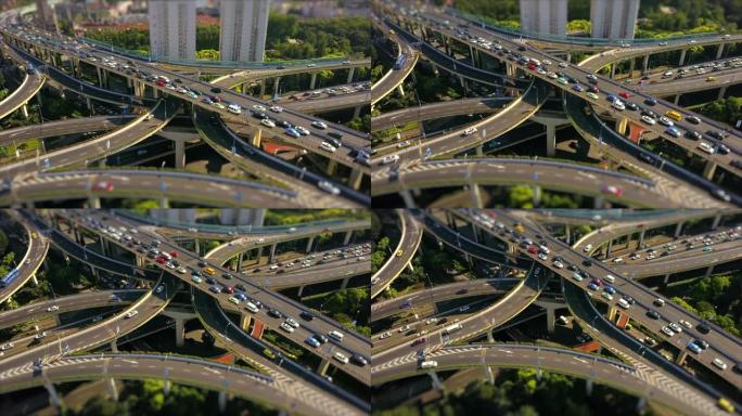 上海城市晴天著名交通路口空中全景4k倾斜换挡中国