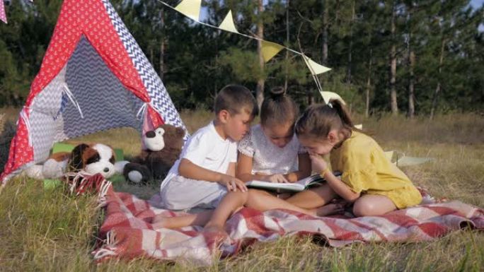 友好的孩子，微笑的孩子在暑假在森林里的周末用风筝牵手在草地上，树木和天空的背景，友谊的概念